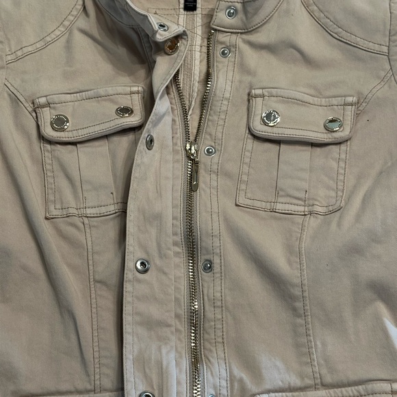 White House Black Market Beige Military Jacket Full Zip Snap Pockets - Picture 2 of 10